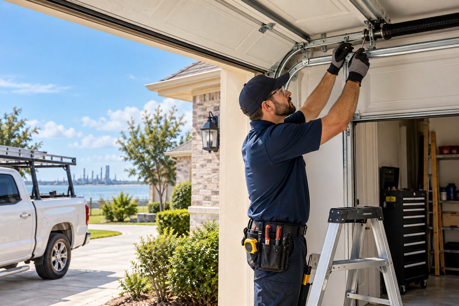 Garage Door Baytown technician servicing a residential garage door