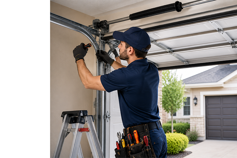 Garage door technician inspecting a garage door in Baytown Texas