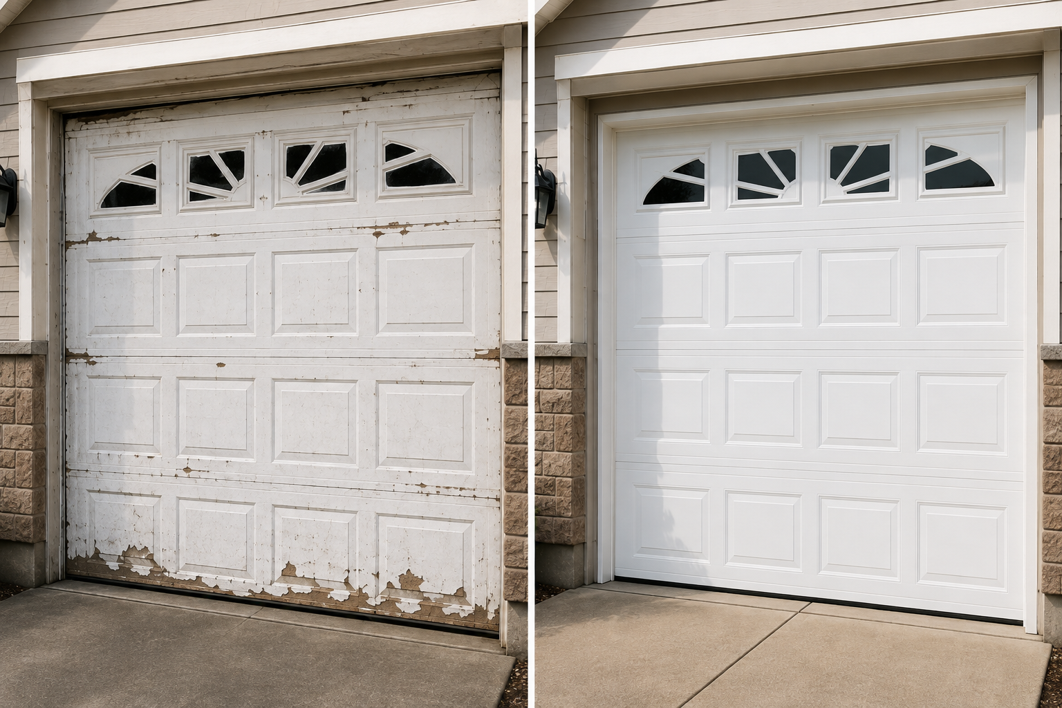 Garage door before and after repair in Baytown TX