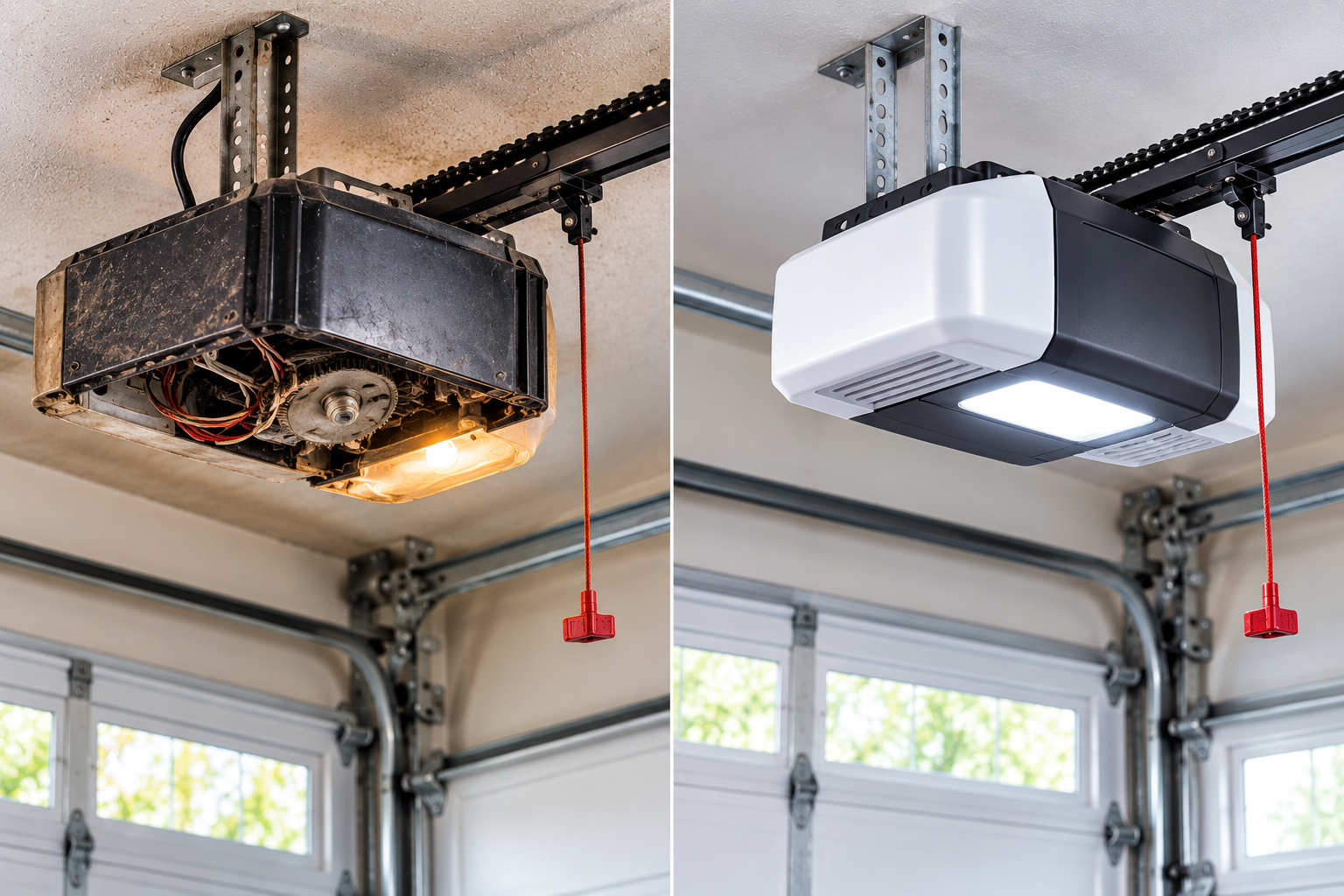 Garage door opener before and after repair in Baytown TX